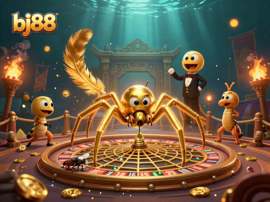 Experience the thrill of betting at bj88 with a golden spider and centipede croupier in a dynamic casino scene.