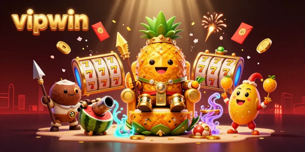 Experience thrilling gameplay at VIPWIN, featuring unique 3D characters in a vibrant casino scene.