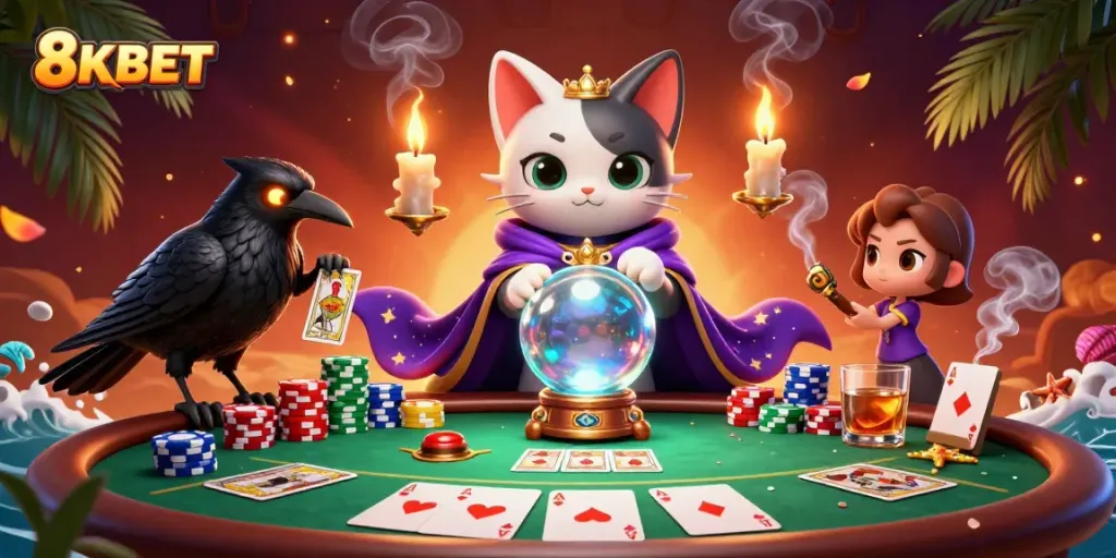 8KBET offers a vibrant casino scene featuring a mystic cat, tarot-card raven, and poker elements.