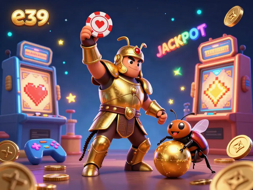 Engage with the thrilling e39 gambling scene featuring a victorious beetle and glowing slot machines.