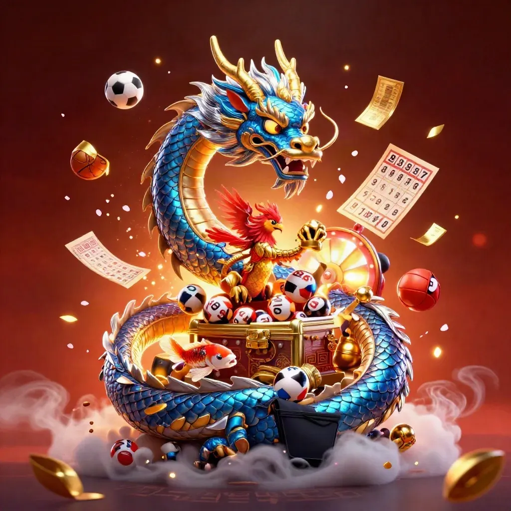 Golden dragon, phoenix, and koi amid casino prizes in a fiery cobalt-lit fantasy scene.