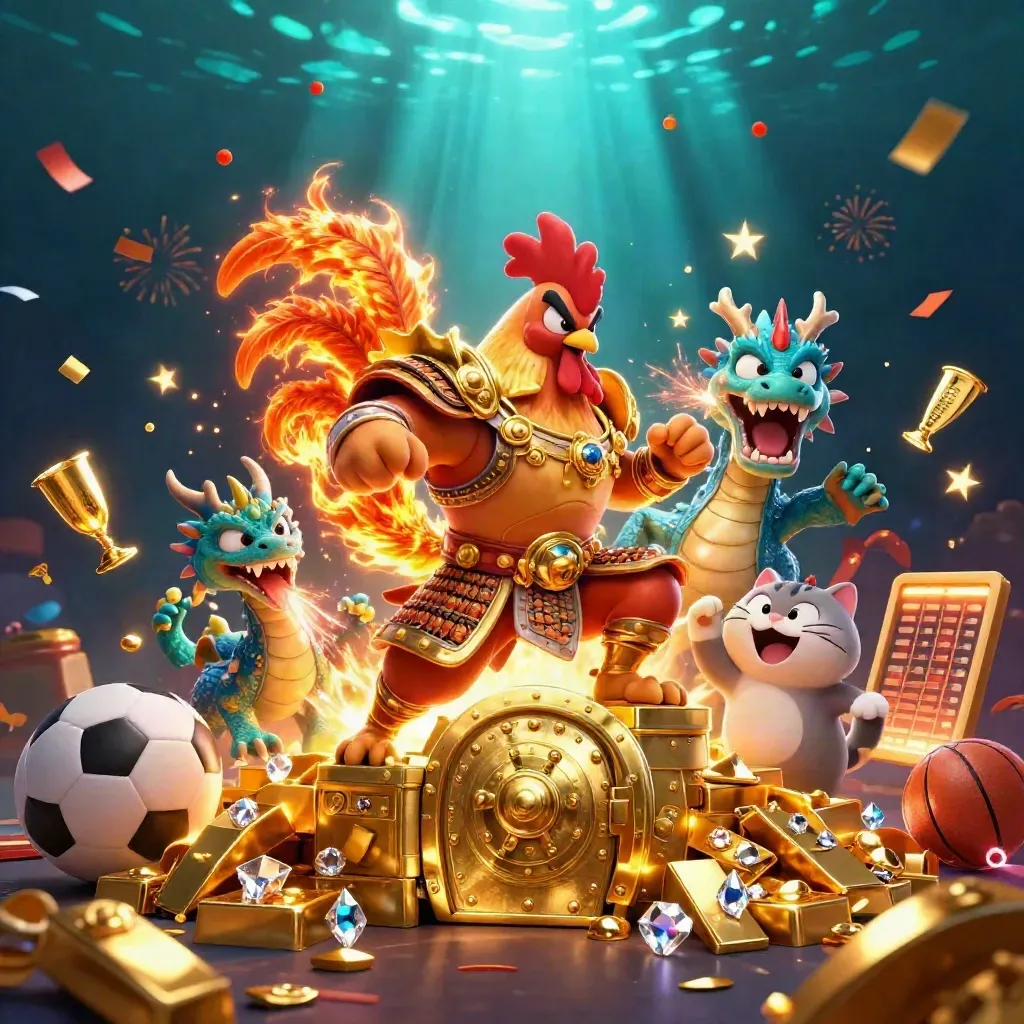 Rooster warrior, dragon hatchling, and fortune cat amid a treasure vault burst in cobalt light.