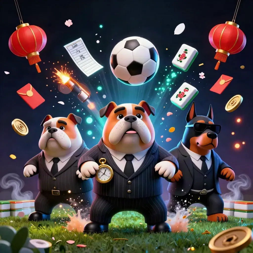 Bulldog mob boss and Dobermans surround a frozen soccer ball amid casino talismans.