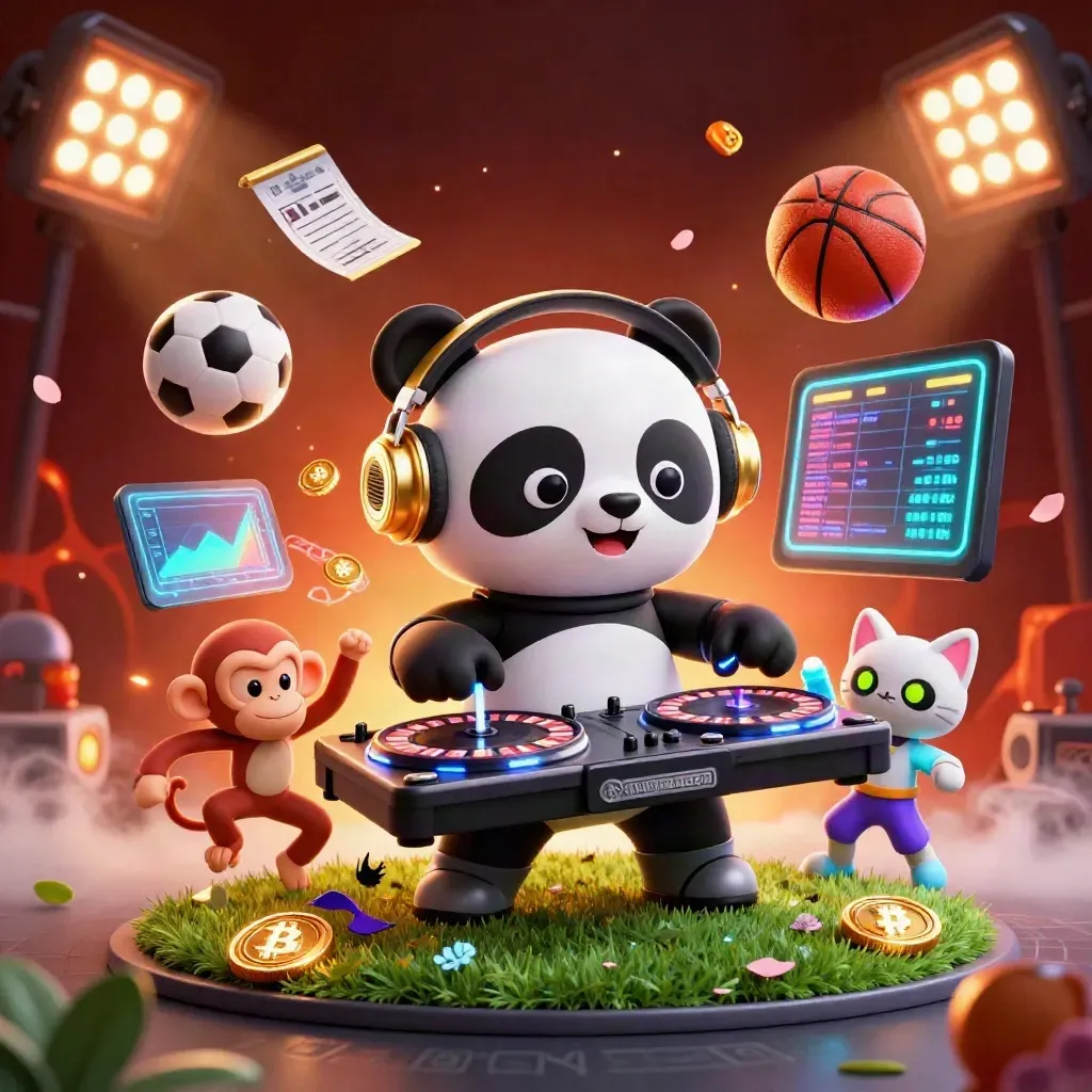 3D panda DJ, dancing monkey, and glow-stick kitten amid casino-sport energy and neon coins