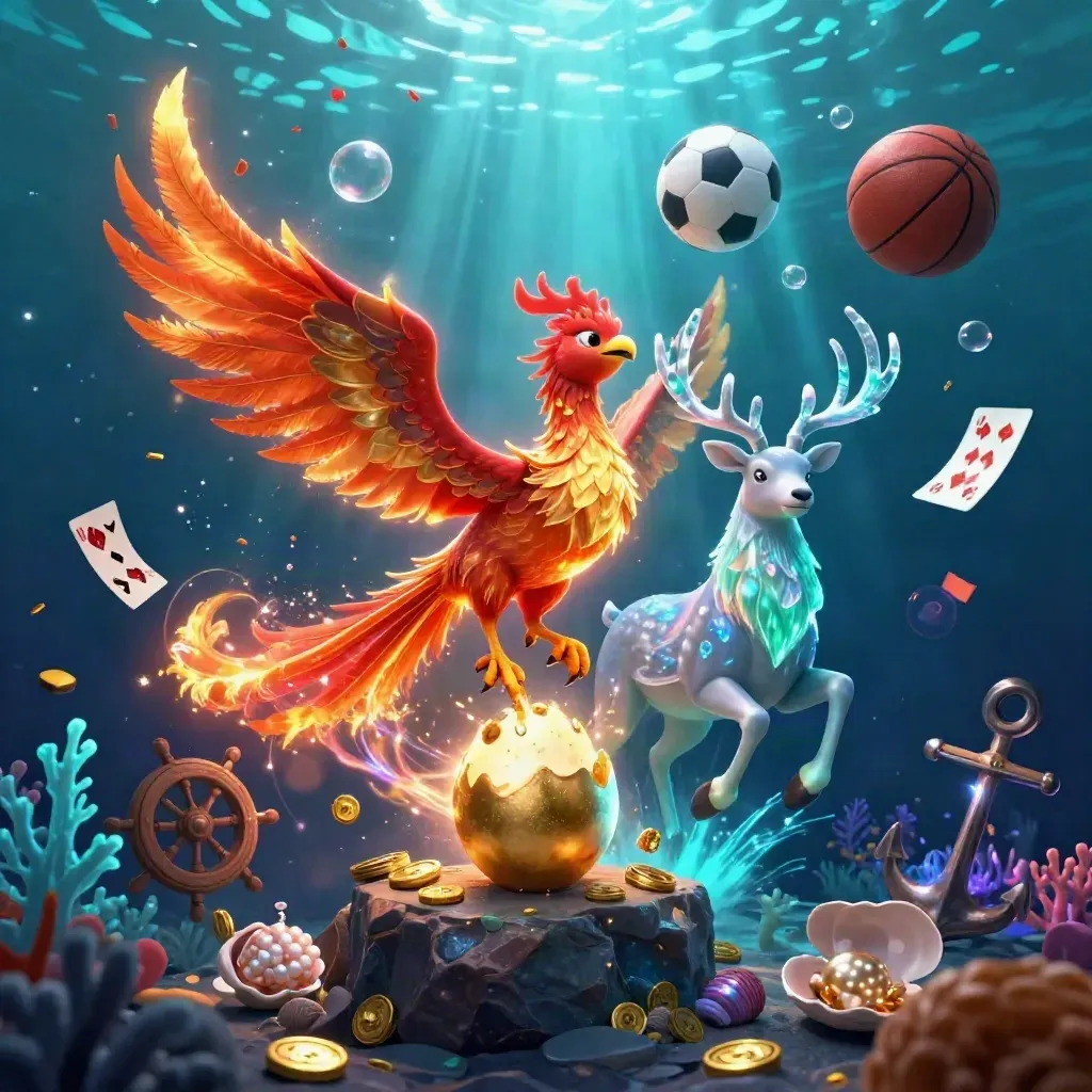 Phoenix, baby phoenix, stag, treasure cove, balls and cards in glowing underwater casino art.