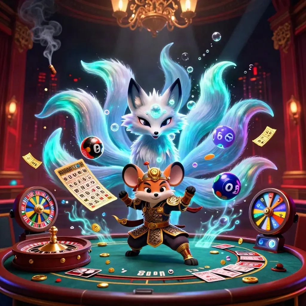 Neon fox spirit and armored mouse amid casino chaos and glowing lights.