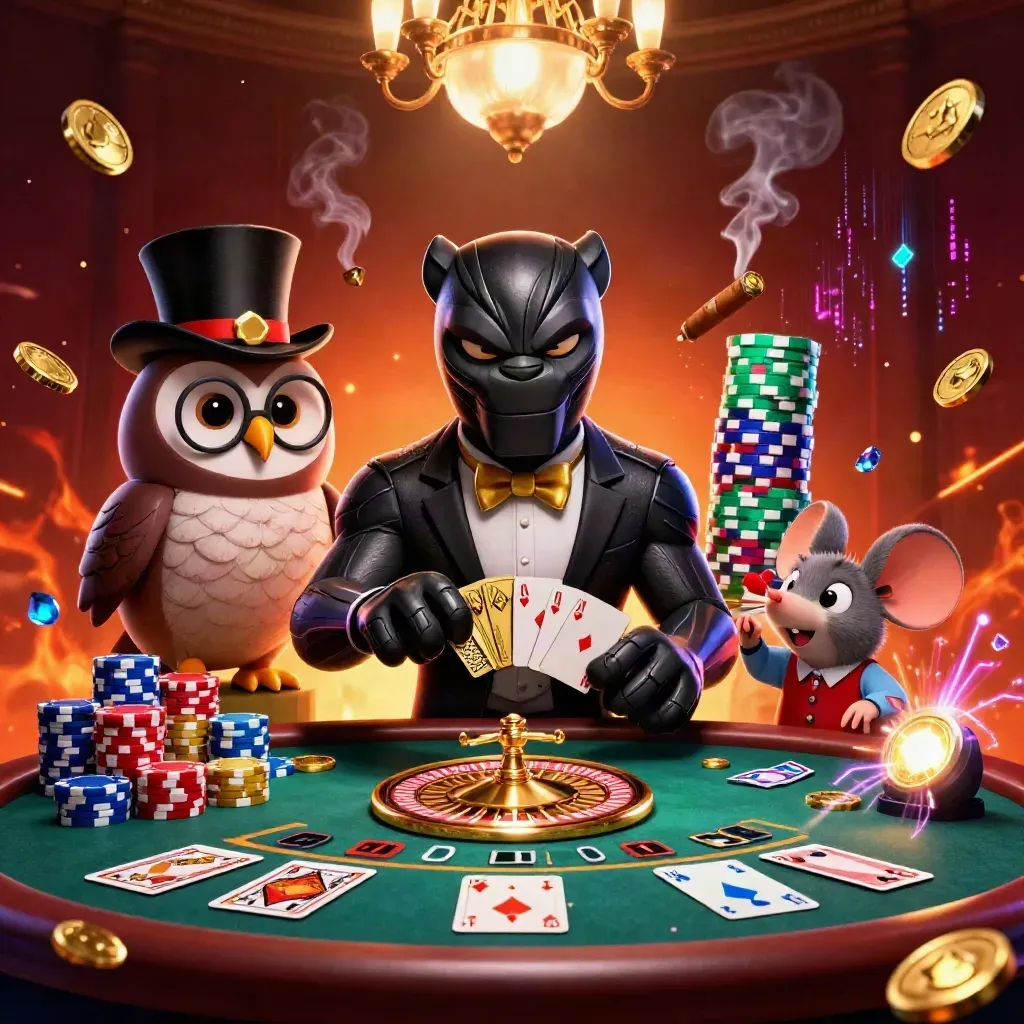 Panther, owl, and mouse in a luxe neon casino with coins, cards, roulette, and glowing gems.