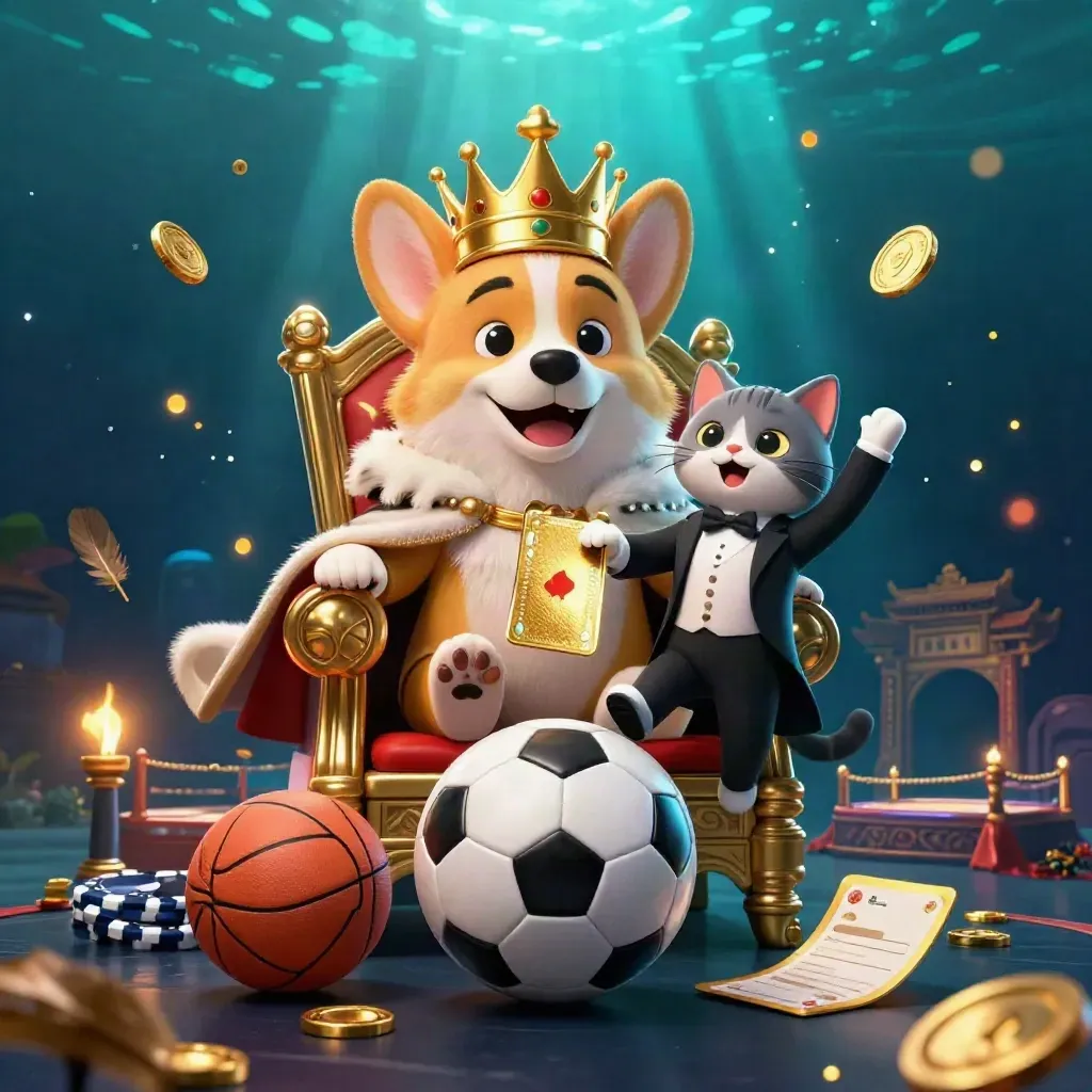 Corgi king and cat butler amid flying ball gear, coins, banners, and cobalt casino glow