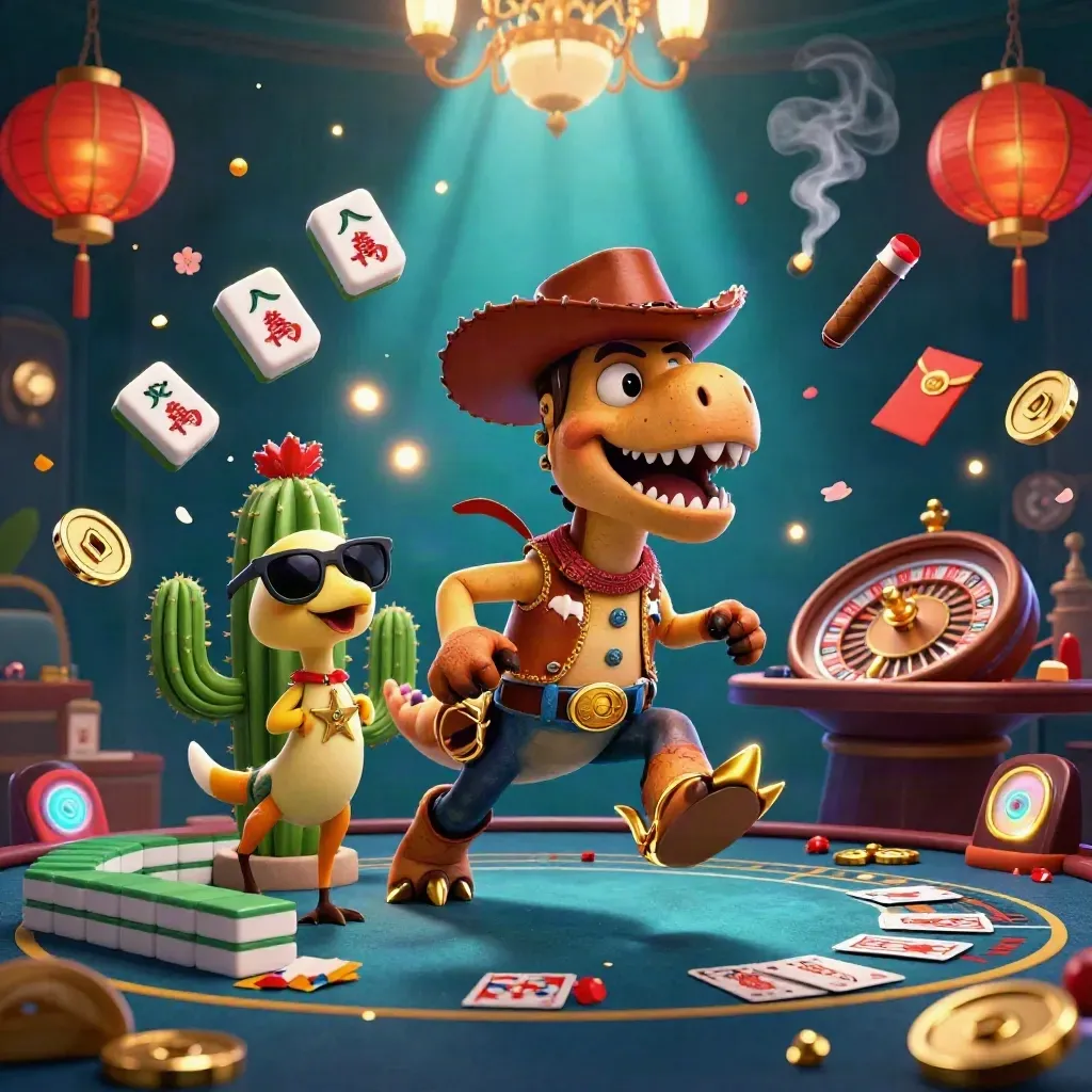 Cowboy T-Rex, cactus, and roadrunner amid casino glow, lanterns, coins, and jade.