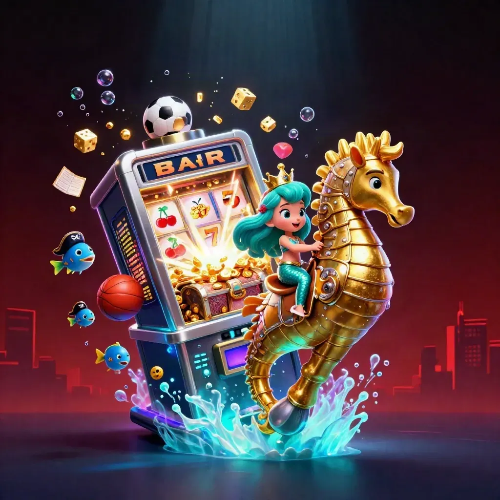 Mermaid princess on an armored seahorse amid slot bursts, fish, dice, and flying sports balls.