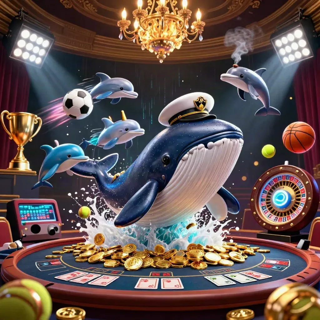 Whale captain, narwhal and dolphins in a luxe casino blast of coins, lights and neon motion