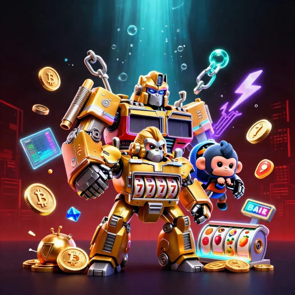 Golden gorilla mech with tiny monkey pilot, coins, reels, and neon casino effects bursting around them.