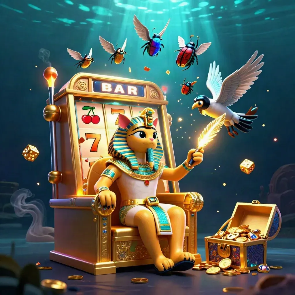 Pharaoh cat, ibis scribe and scarab beetles amid jackpot burst, treasure, and neon mint glow.