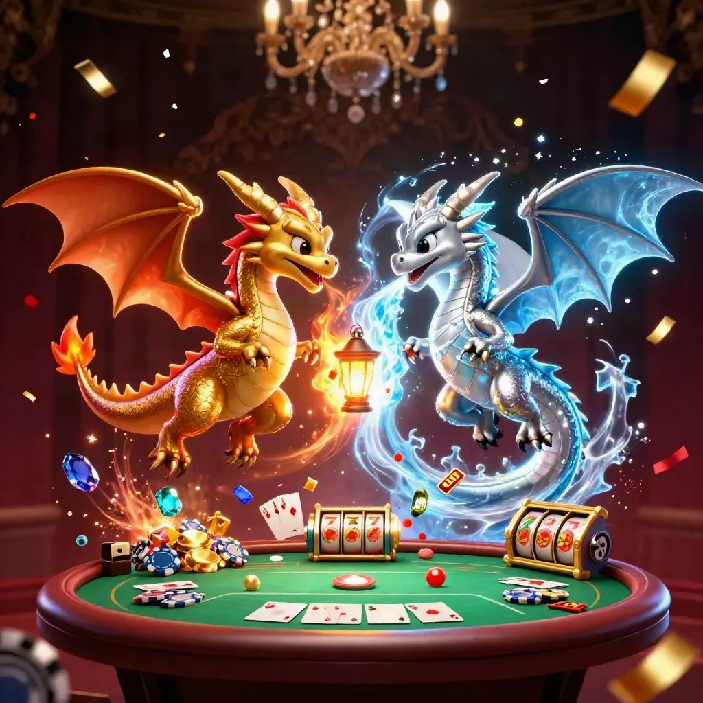 Gold and silver dragons spiral with fire and ice over casino chips, cards, and glowing neon mint magic.