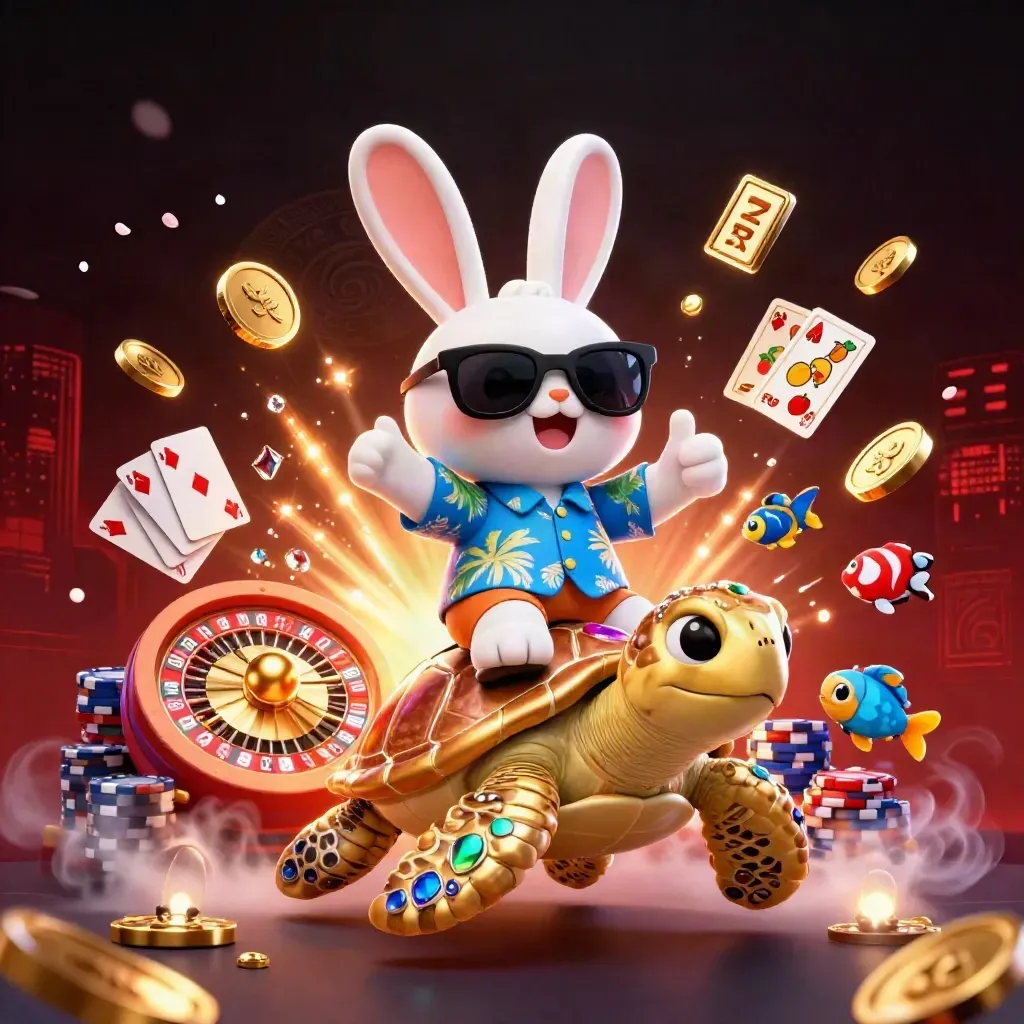Lucky rabbit on a gem-shell sea turtle amid coins, chips, cards and neon casino glow.