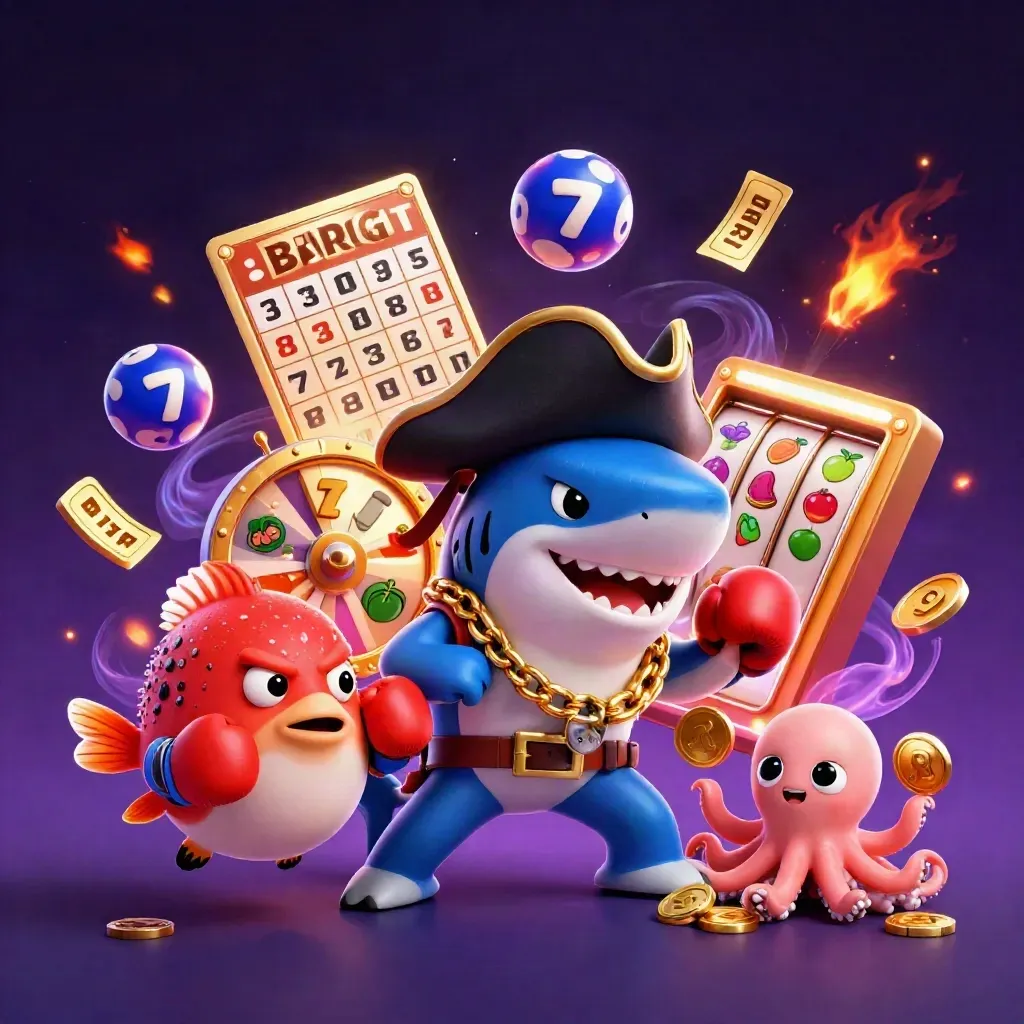 Pirate shark, boxing pufferfish, and coin-juggling octopus amid casino bursts and ember glow.