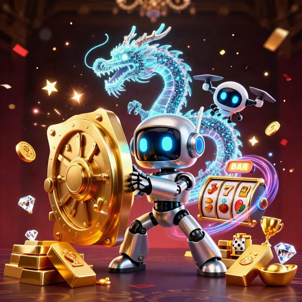 Robot, hologram dragon, and coin drone burst from a glowing vault with treasure and neon magic.
