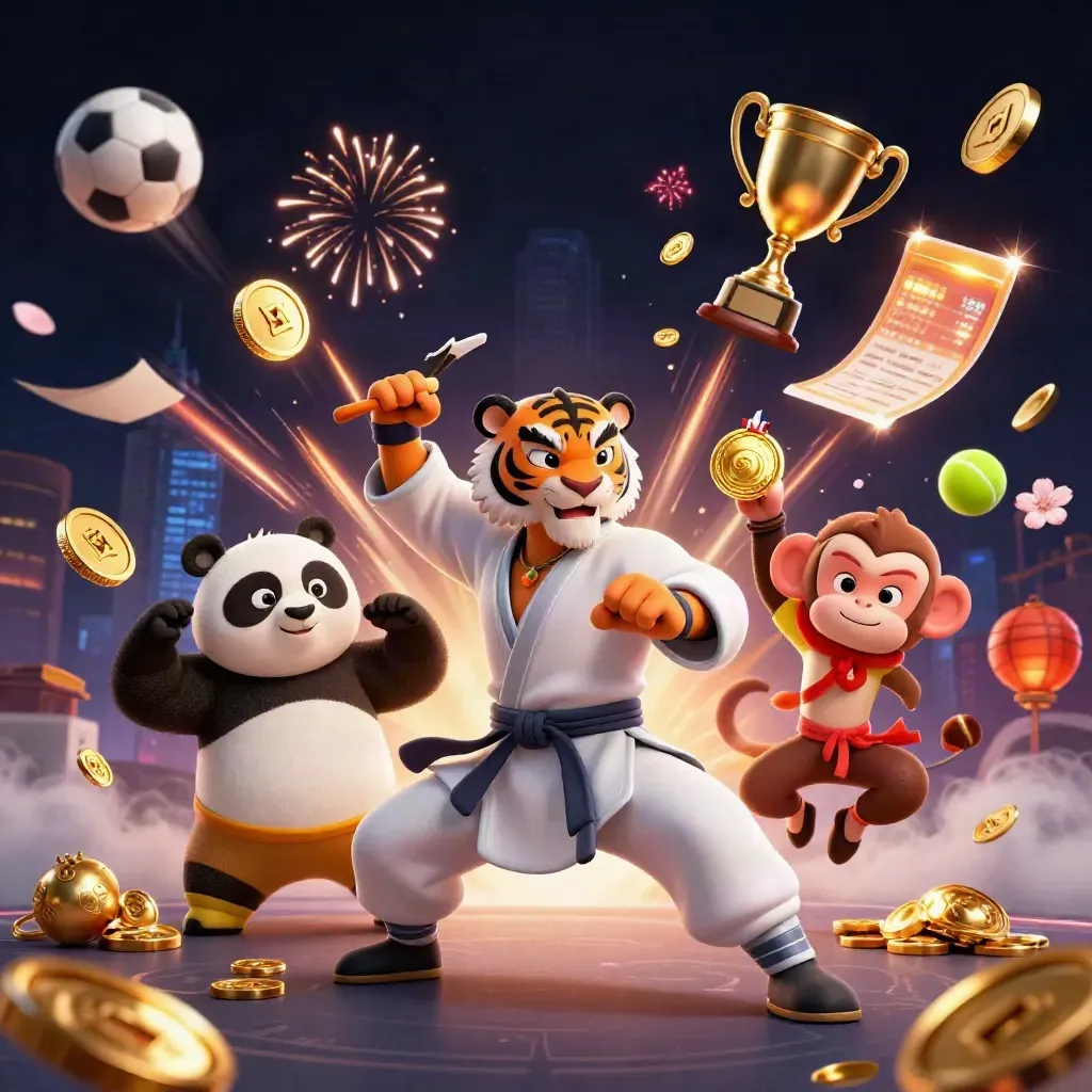 Kung-fu tiger, panda, and monkey amid casino loot bursts, coins, balls, and neon lights.