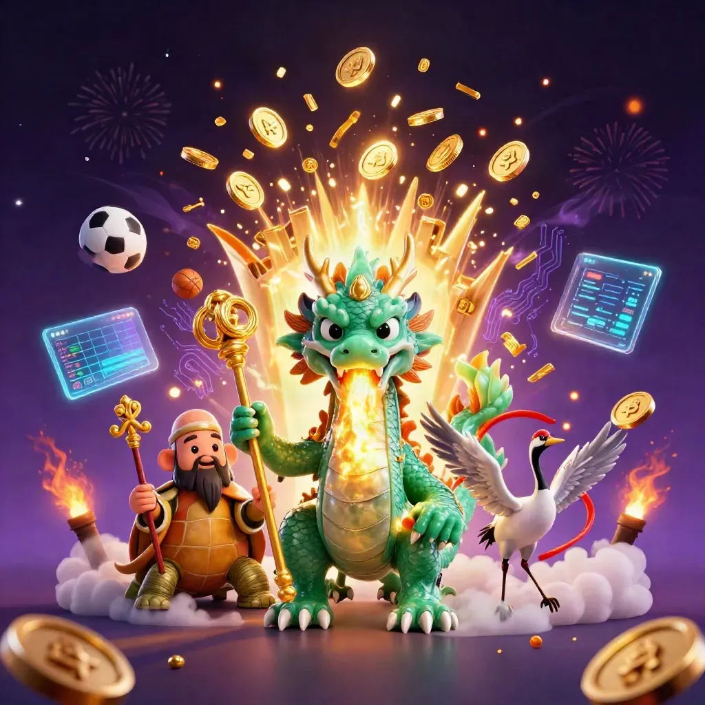Jade dragon, turtle sage, cranes, bursting vault, coins, sports bets and crypto lights in neon casino glow.