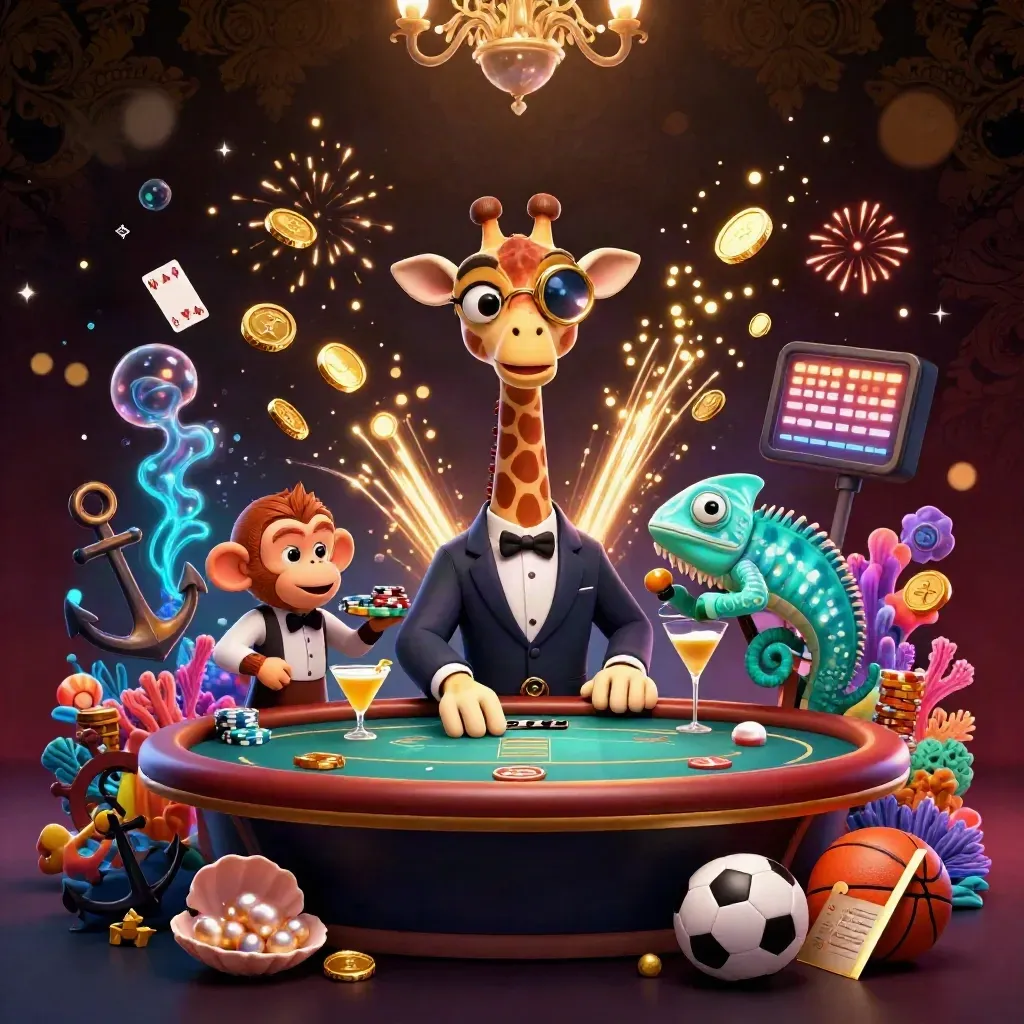 Giraffe, monkey, and chameleon in a vault-burst casino scene with coins, coral, and glowing cards.