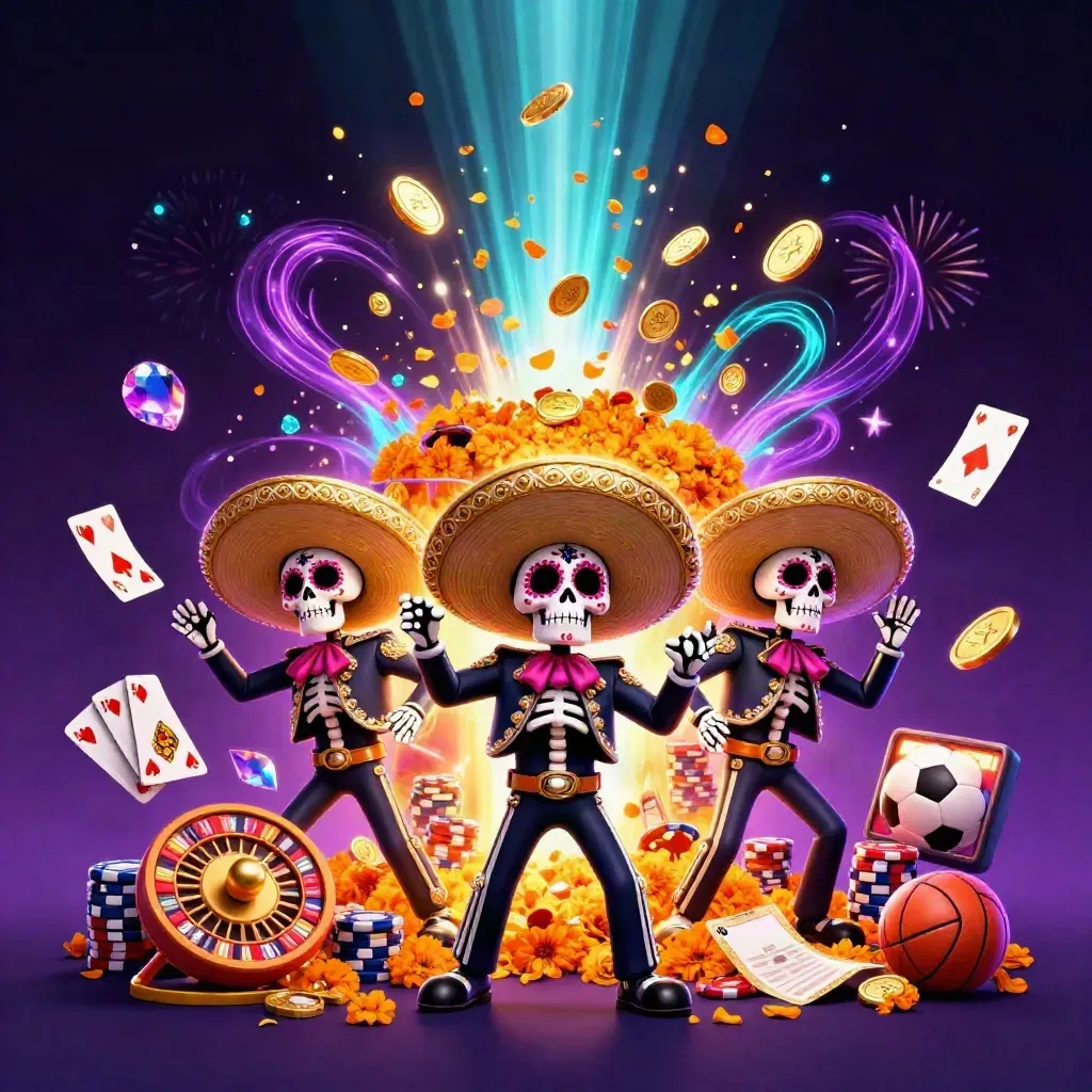 Skeleton mariachi trio in a neon casino blast with coins, roulette wheel, chips, and flying gems.
