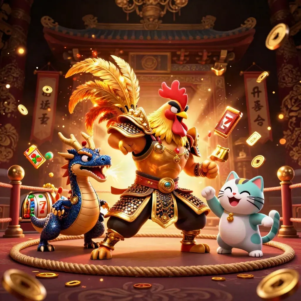 Rooster samurai, dragon hatchling and fortune cat amid casino sparks, reels, coins and temple gate.