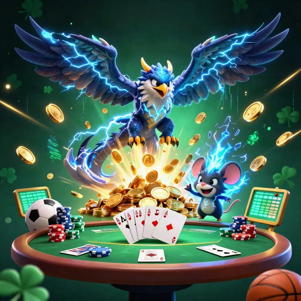 Thunder dragon, hawk and mouse amid casino coins, poker chips, shamrocks and electric win effects