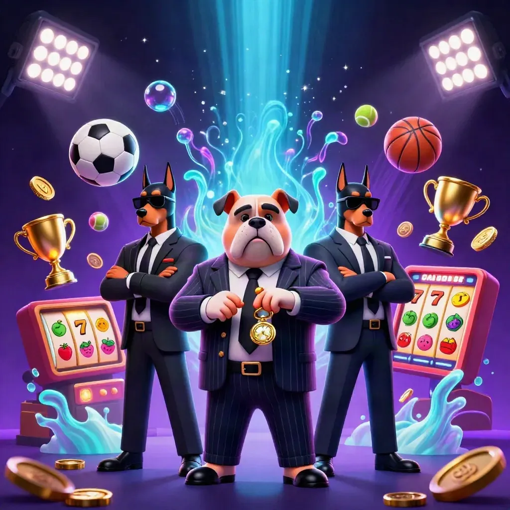 Bulldog boss and two Dobermans amid sports balls, coins, trophy, and neon casino effects