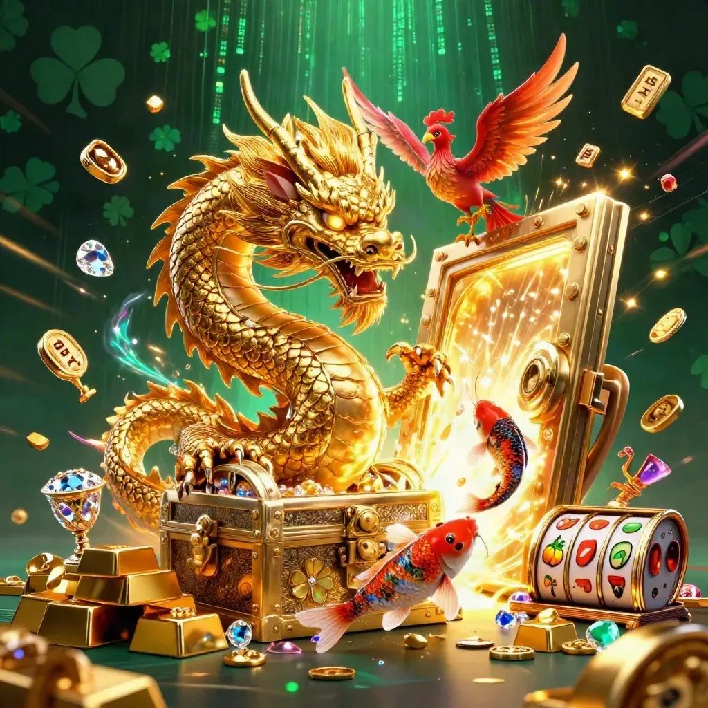 Golden dragon with phoenix and koi amid treasure, vault light, reels, and neon casino effects.