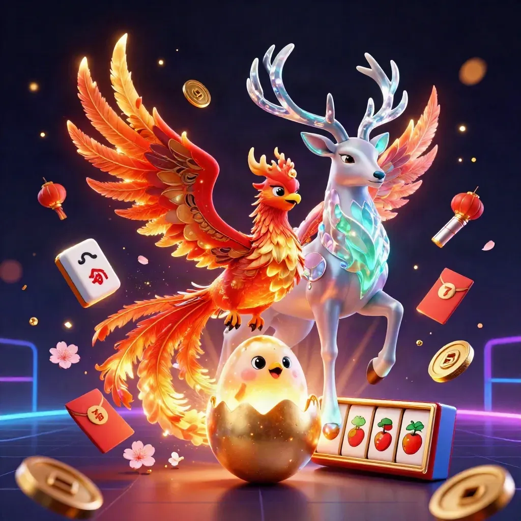 Phoenix, hatchling, and crystal stag amid casino tokens on a dark neon grid