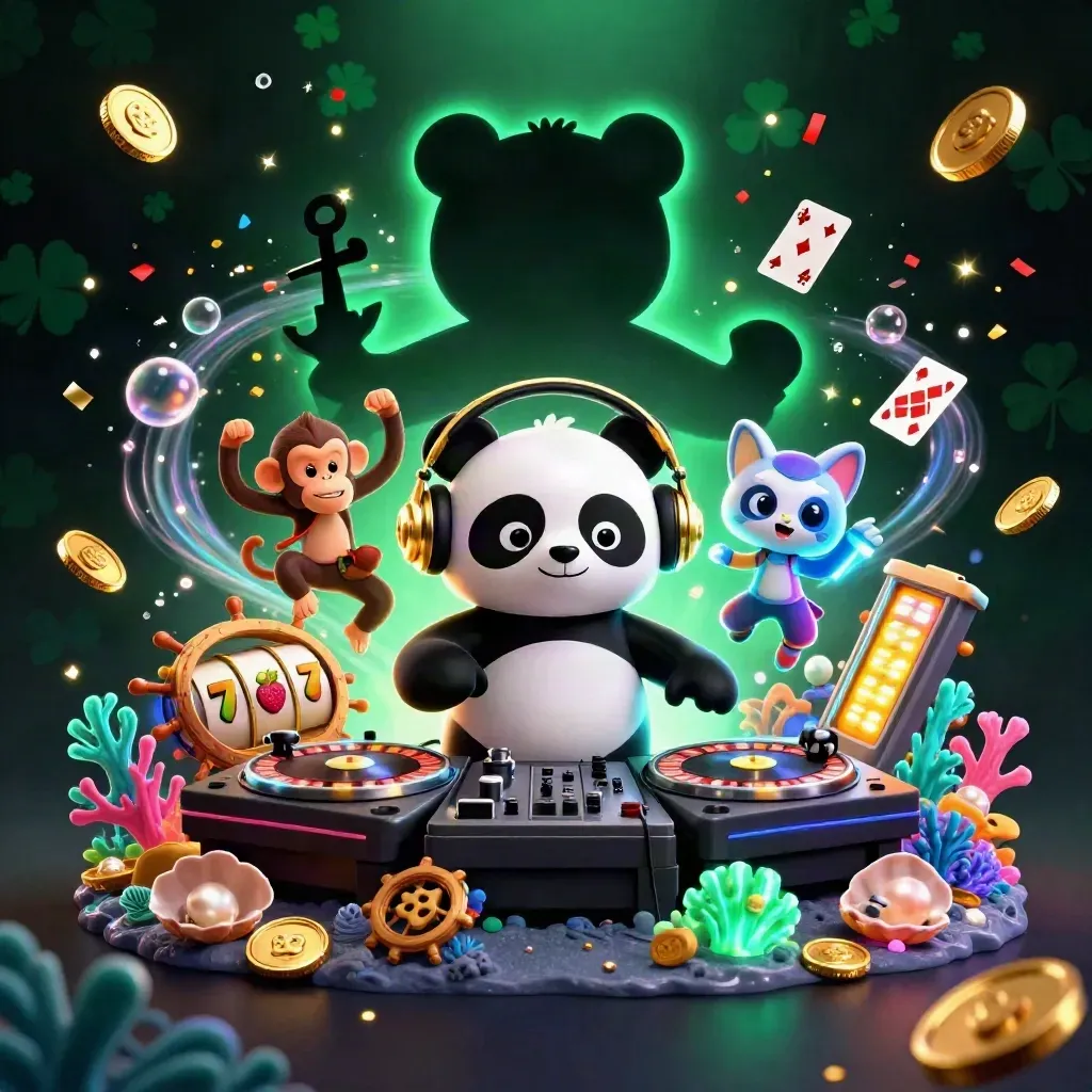 DJ panda, monkey, and glow-stick kitten amid casino treasure, cards, and neon effects.