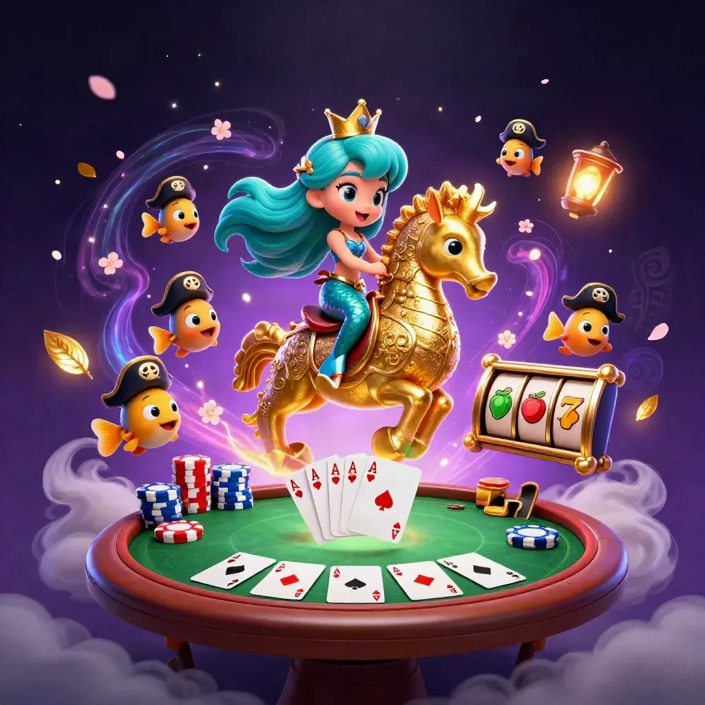 Mermaid princess on a golden seahorse amid slot reels, chips, cards, and neon casino magic.