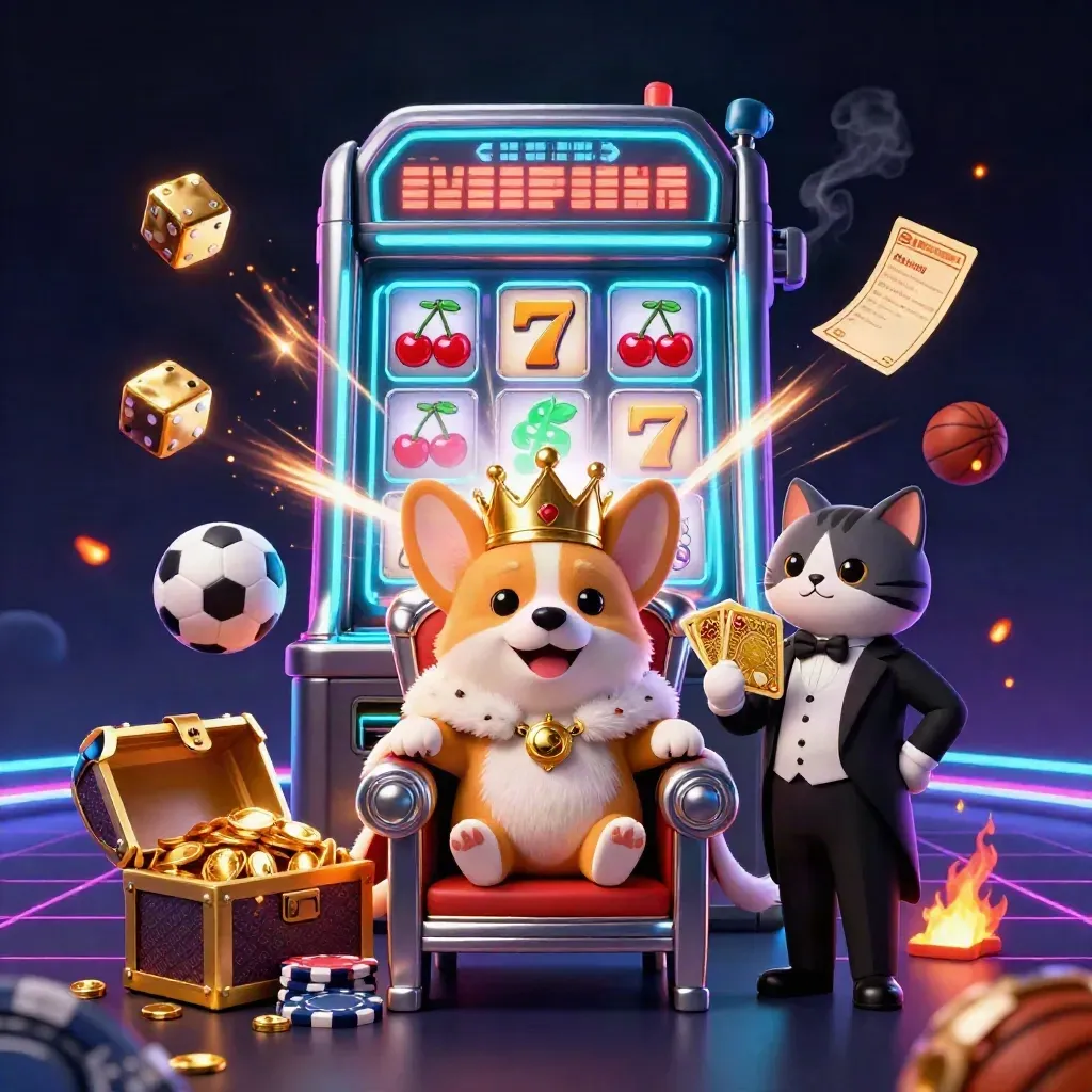 Royal corgi and cat butler amid jackpot slot symbols, gold, neon sparks, and sports bets