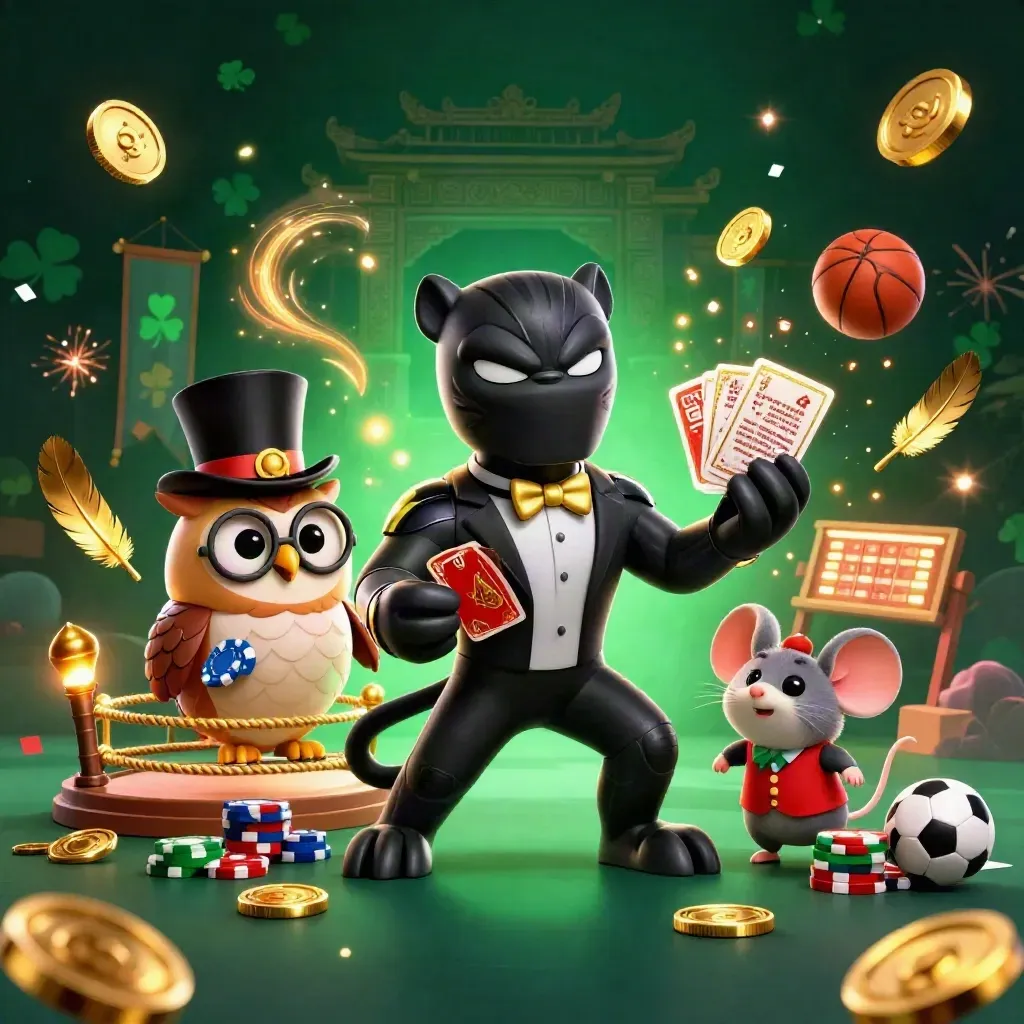 Panther, owl, and mouse amid casino gold, sparks, sports bets, and neon glow.