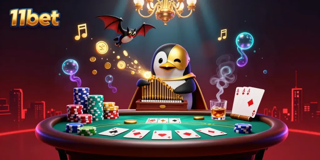 Experience the excitement of 11bet with a 3D penguin at a casino organ, surrounded by poker elements.