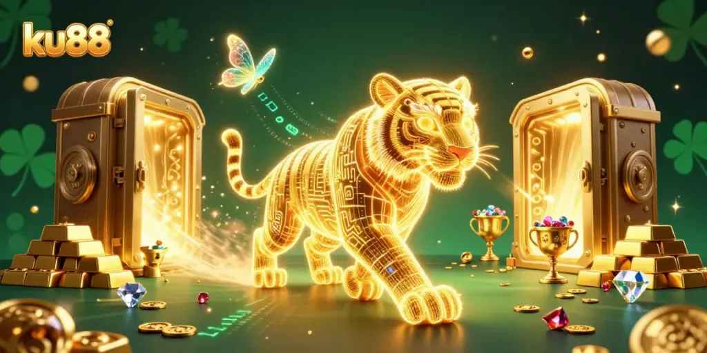 Experience thrilling gaming excitement with ku88's neon-wireframe golden tiger in a dazzling digital casino.