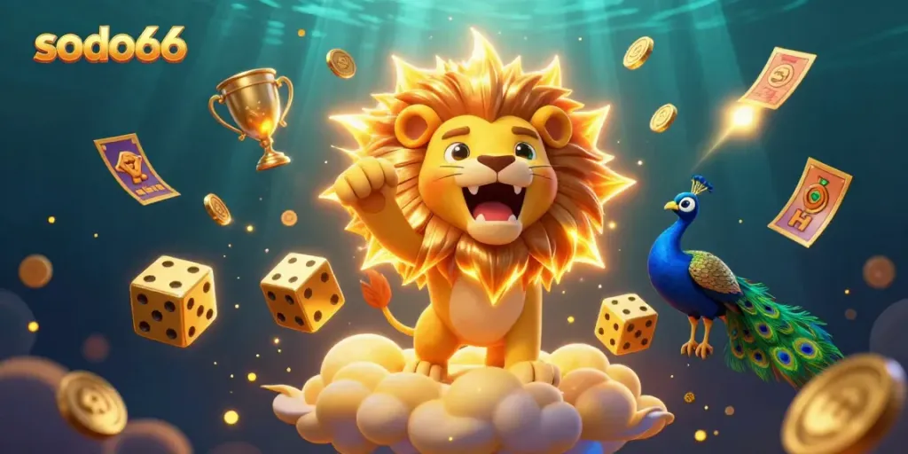 Experience the thrill of sodo66 with a dynamic 3D casino scene showcasing a roaring lion and vibrant game elements.