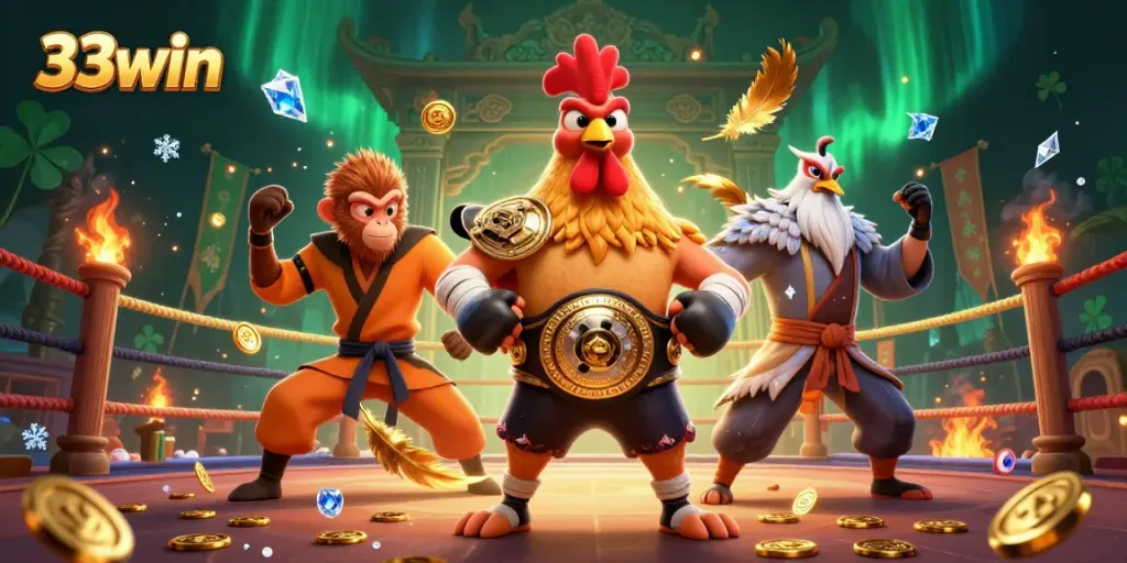 Experience high-energy action with 33win in this vibrant casino-themed fighting scene featuring unique characters.