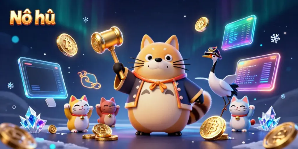 Nổ hũ with cheerful tanuki and maneki-neko in a vibrant 3D casino scene, highlighting winning dynamics.