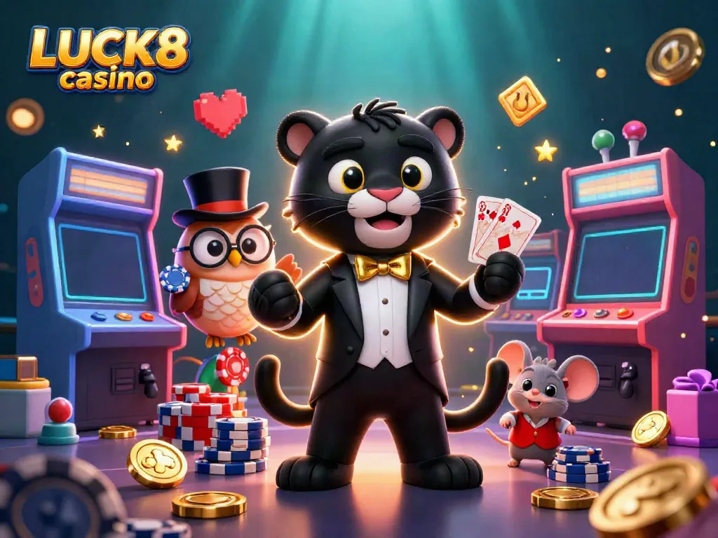 Experience the thrilling gameplay at LUCK8 casino with a stylish panther dealer, poker chips, and exciting game elements.