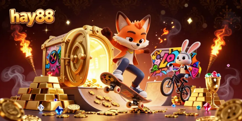 Experience the thrill of hay88 with dynamic characters and vibrant casino symbols in this energetic illustration.