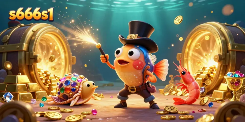 Join the thrilling adventure at s666s1 with a vibrant 3D illustration of deep-sea gambling treasures.