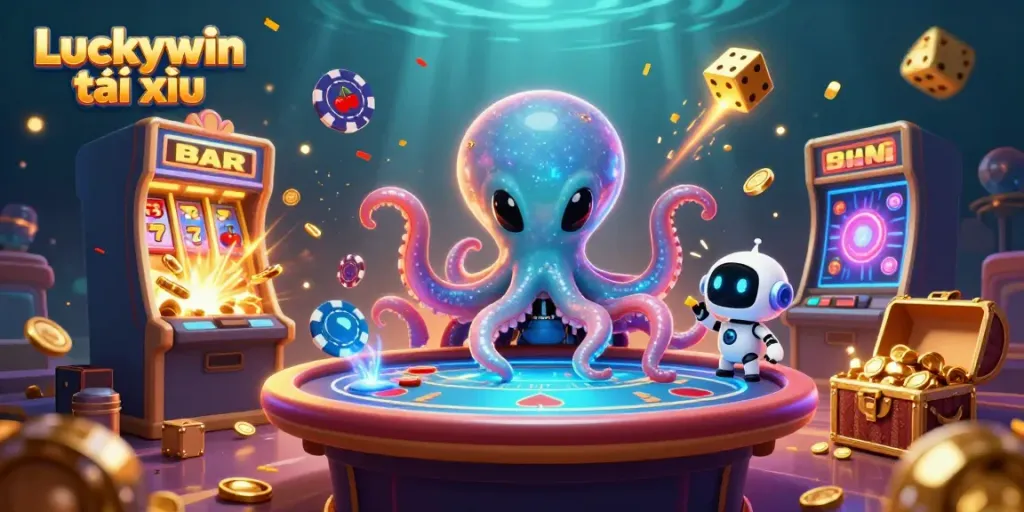 Engage in exciting gameplay with Luckywin tài xỉu as a vibrant alien octopus manages a holographic poker table amid a dynamic casino environment.