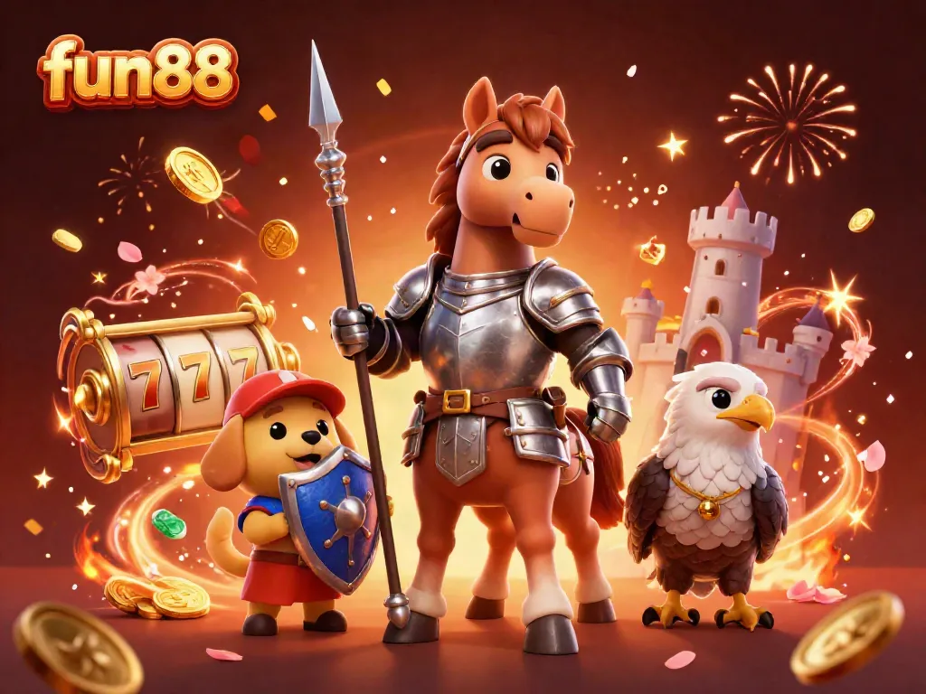Experience the thrill of fun88 with a lively casino scene featuring knights, a playful puppy, and festive elements.