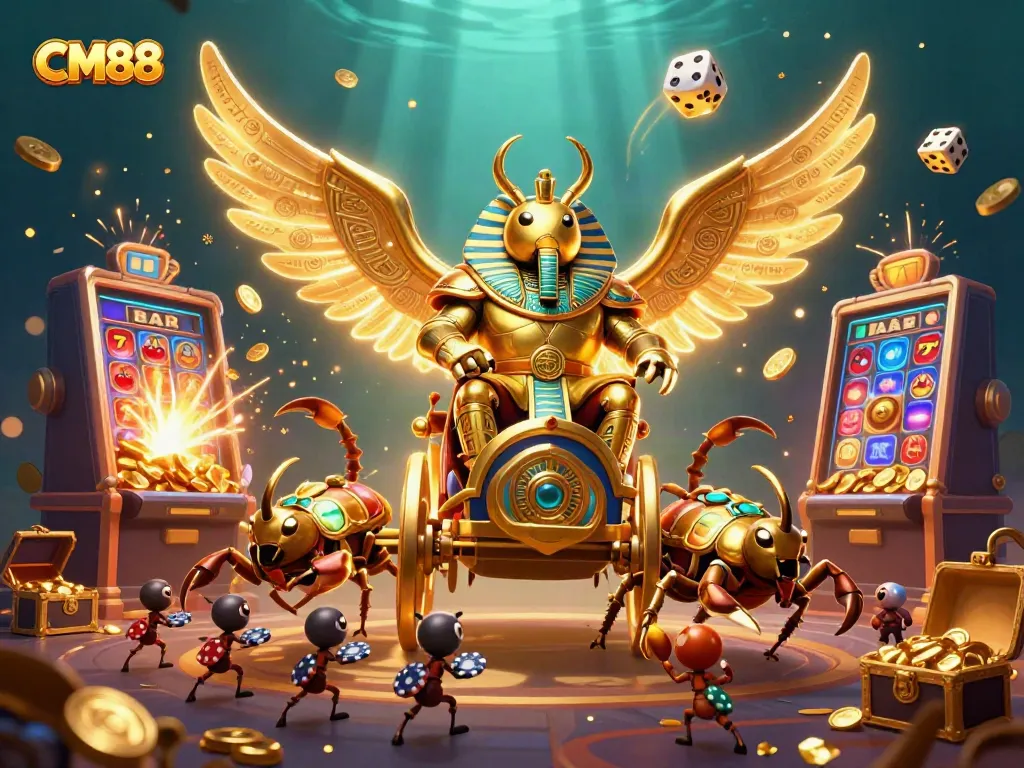 Experience the excitement of CM88 with a vibrant casino scene featuring a scarab beetle and golden treasures.