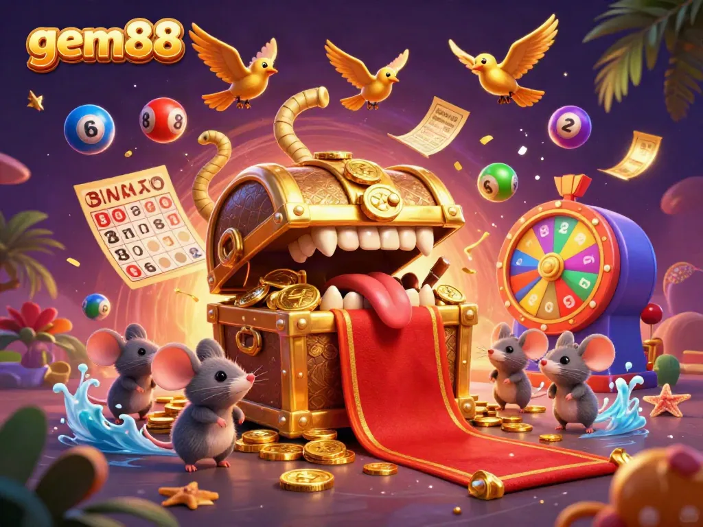 Experience the excitement of gem88 with a golden treasure chest and vibrant gaming elements.
