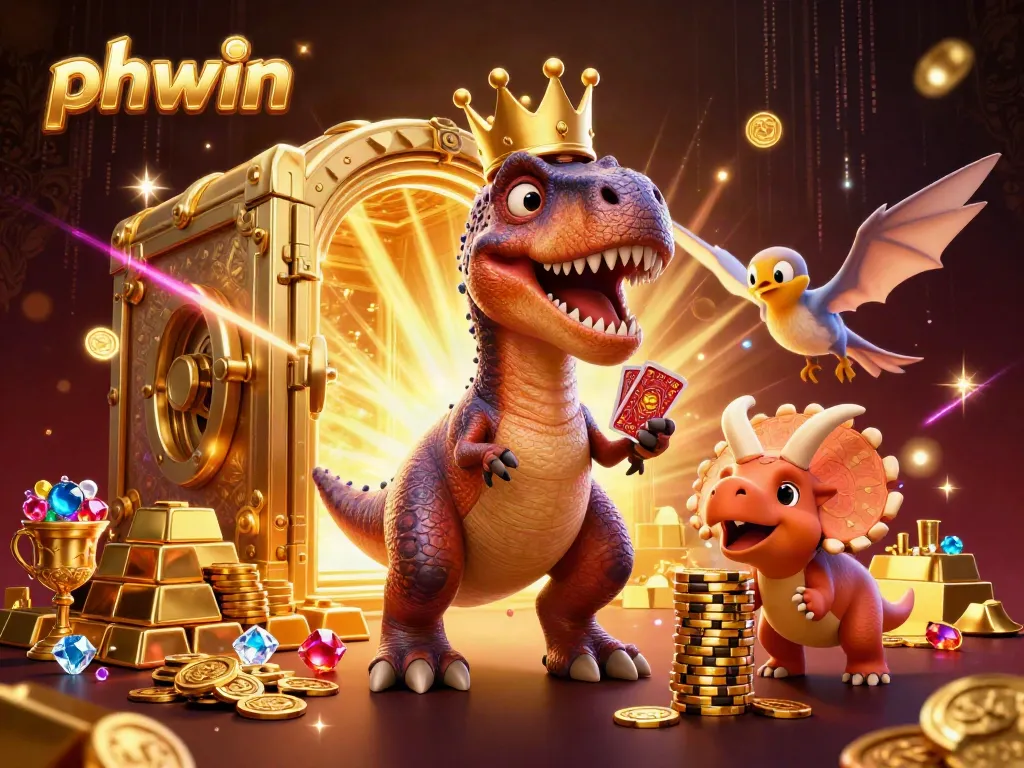 Engage in exciting gaming at phwin with T-Rex shuffling cards in a lively casino scene.