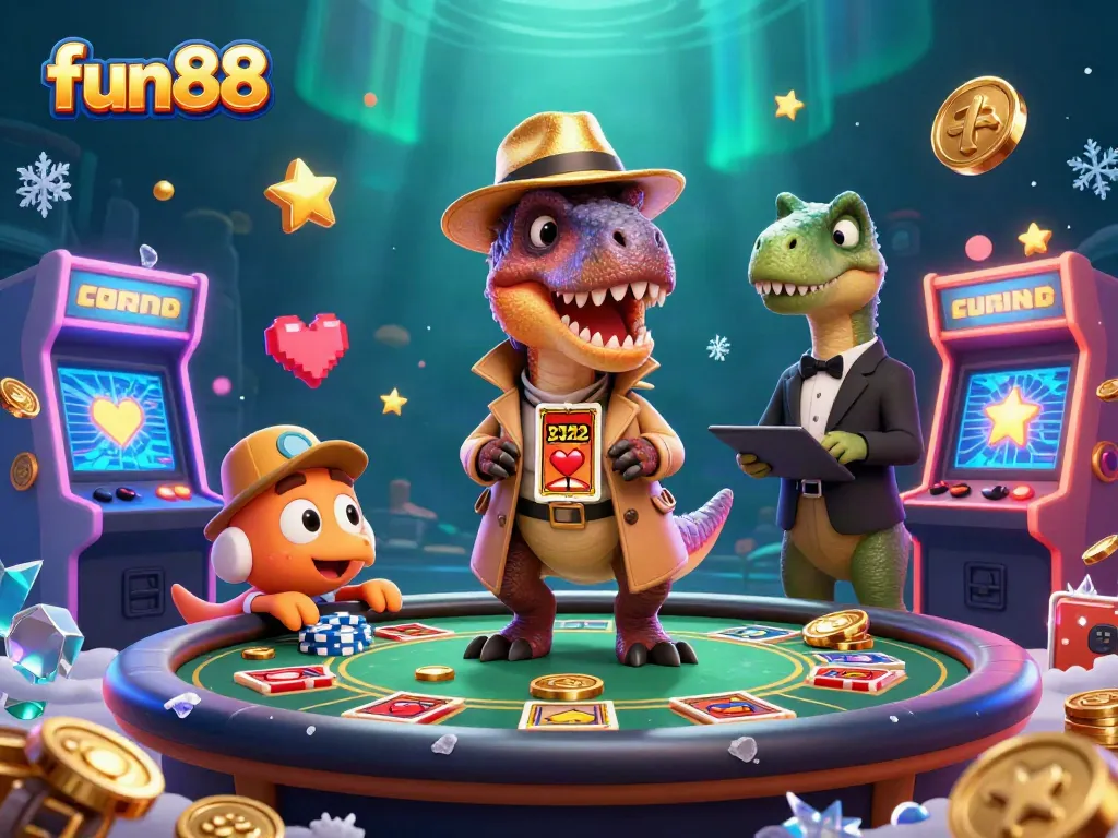 fun88 casino scene with cartoon velociraptor, stealthily betting at blackjack table