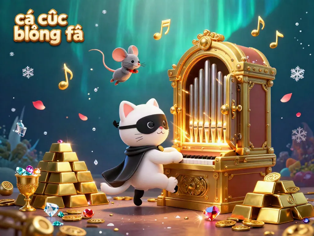 Engaging scene of cá cược bóng đá with a phantom cat at a casino organ, gold treasures, and festive elements.