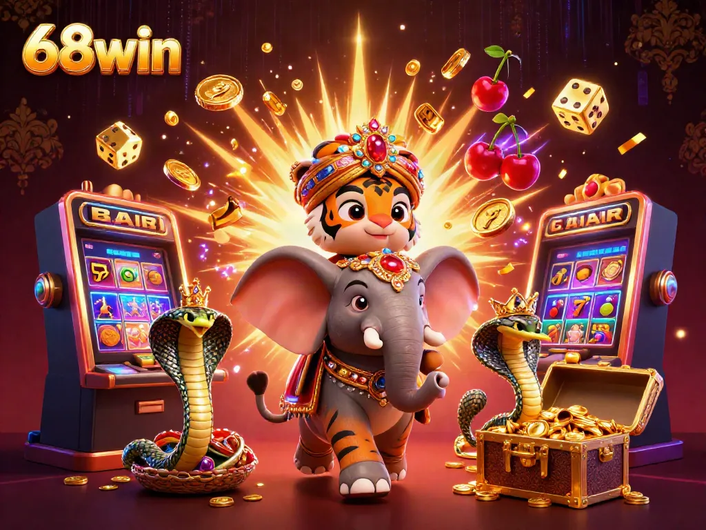 Experience excitement at 68win with a tiger maharaja, jackpot slots, and vibrant casino elements.